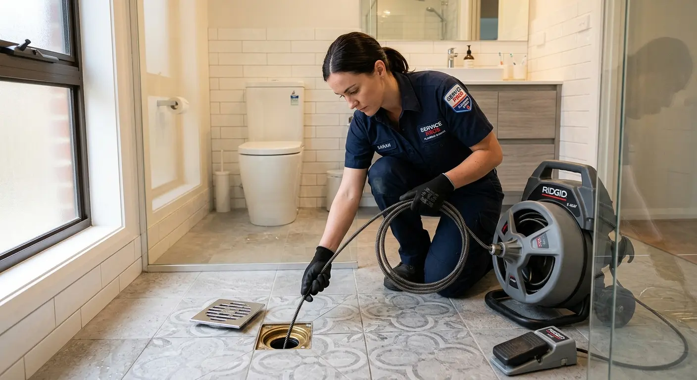 Technician clearing a bathroom floor drain for Sewer Line Installation in Enid